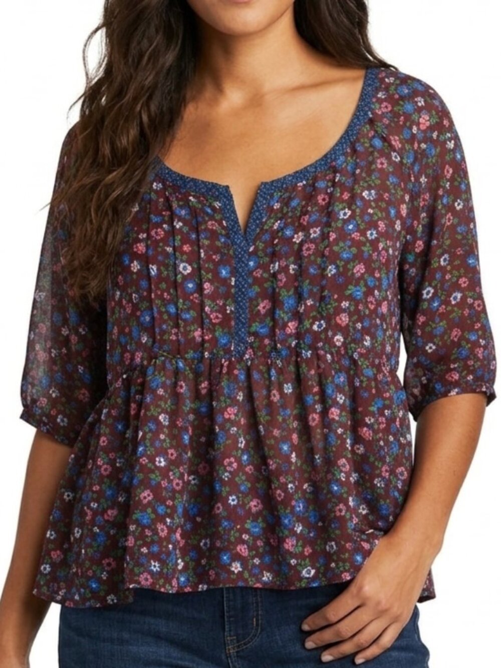 Hollister Sheer Floral Blouse Top Boho Cottage Sheer Summer Ditsy Artsy Beach L